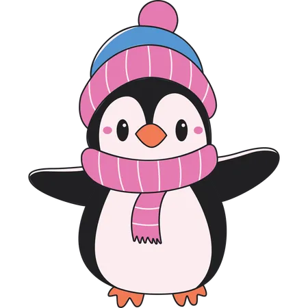 Personaje de pingüino con sombrero de chal en temporada de invierno  Ilustración