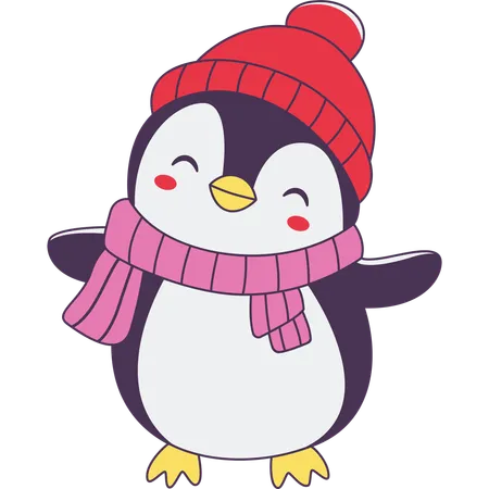 Personaje de pingüino con sombrero de chal en temporada de invierno  Ilustración