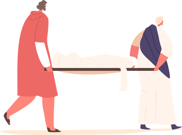 Los afligidos personajes de los apóstoles llevan con ternura el cuerpo sin vida de Jesús en camillas  Ilustración