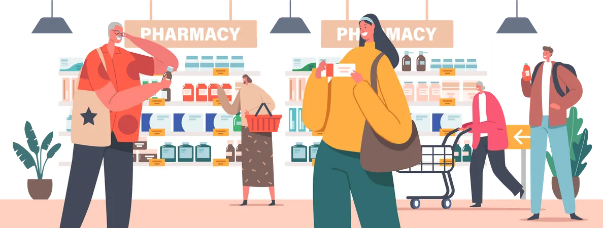 Los personajes compran medicamentos en la farmacia.  Ilustración