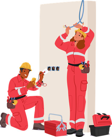 Personajes de electricistas que reparan e instalan sistemas de cableado eléctrico  Ilustración