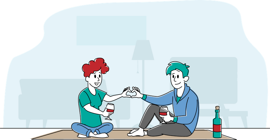 Los personajes de una joven pareja amorosa pasan tiempo en casa sentados en el suelo juntos charlando, bebiendo vino y haciendo el corazón de los dedos  Ilustración