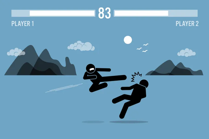 Personajes de luchadores con figuras de palos peleando en un juego.  Ilustración