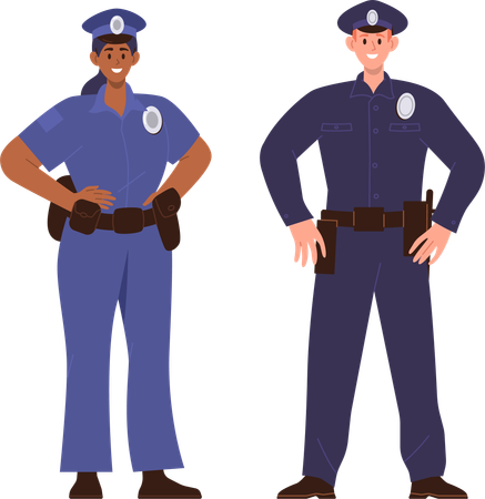Personajes de policía joven adulto hombre y mujer vistiendo uniforme  Ilustración