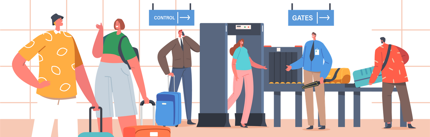 Los personajes del aeropuerto pasan por la seguridad del detector de metales.  Ilustración