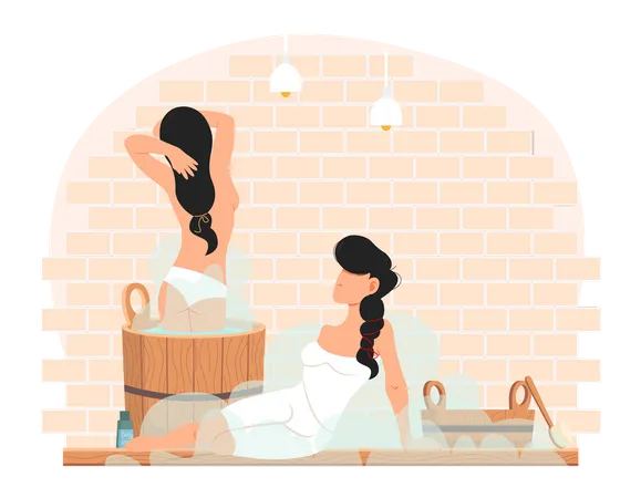 Personajes femeninos en sauna de vapor caliente.  Ilustración