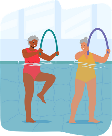 Personajes femeninos mayores haciendo ejercicio en la piscina  Ilustración