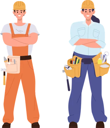 Personajes de trabajadores de reparación de hombre y mujer jóvenes vistiendo uniforme con cinturón de herramientas en la cintura  Ilustración