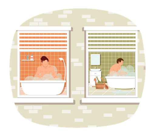 Personajes masculinos tumbados y relajados en agua caliente. Vista desde la ventana de chicos descansando en la sauna de casa  Ilustración