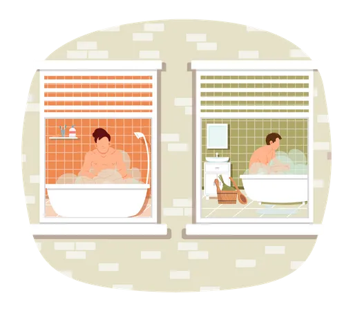 Personajes masculinos tumbados y relajados en agua caliente. Vista desde la ventana de chicos descansando en la sauna de casa  Ilustración