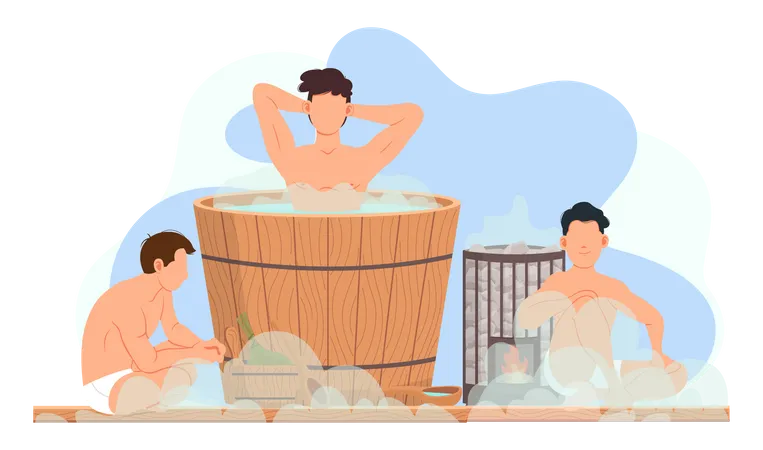 Personajes masculinos en vapor caliente pasando tiempo y comunicándose juntos en la sauna  Ilustración