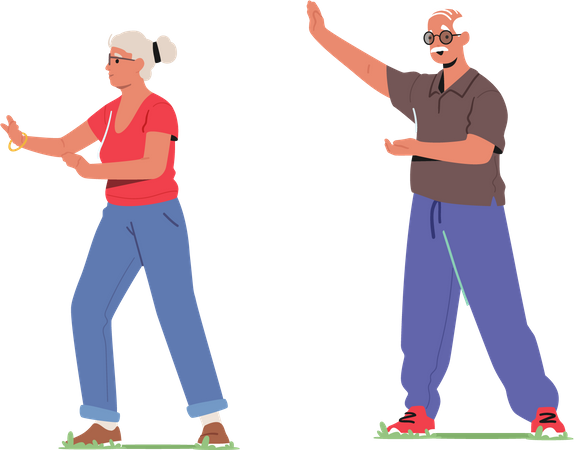 Personajes masculinos y femeninos mayores haciendo ejercicio en el parque de la ciudad  Ilustración