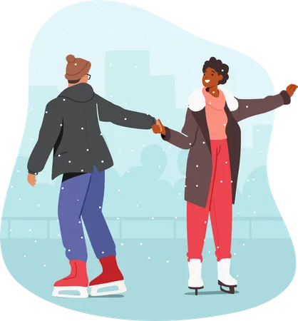 Personajes masculinos y femeninos patinando en pista de hielo en vacaciones navideñas de invierno. Pareja amorosa cita de invierno  Ilustración