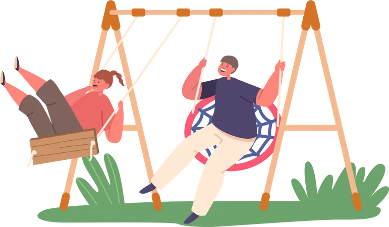 Personajes de niño y niña balanceándose alegremente en columpios  Ilustración