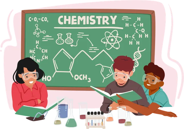 Personajes infantiles entusiastas exploran la química en un aula  Ilustración