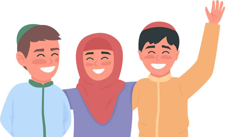 Felices niños árabes personajes sin rostro de vector de color plano  Ilustración