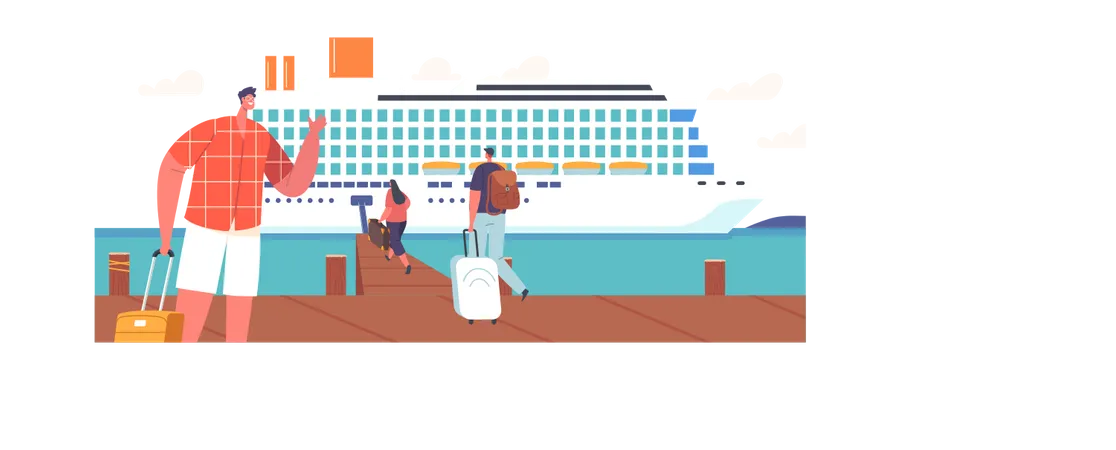 Personajes de turistas esperando embarque en crucero  Ilustración