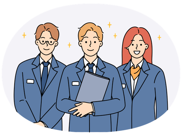 Personal administrativo sonriente en uniforme, de pie juntos, mostrando unidad y liderazgo.  Ilustración