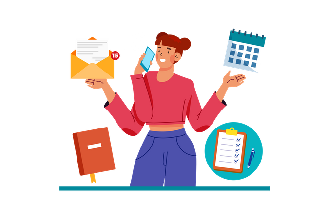 Personal assistant scheduling meetings and managing email while on phone calls Illustration