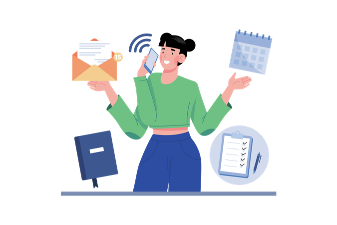 Personal assistant scheduling meetings and managing email while on phone calls Illustration