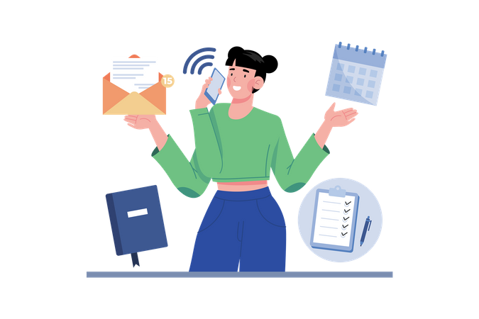 Personal assistant scheduling meetings and managing email while on phone calls  Illustration