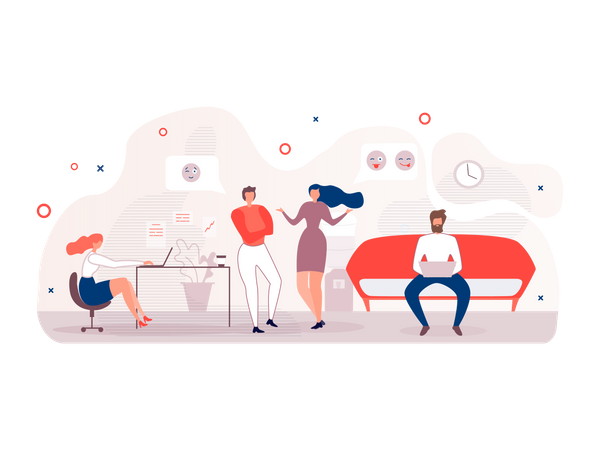 Personal de oficina trabajando y comunicándose entre sí.  Ilustración