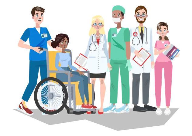 Personal Del Hospital Grupo De Trabajadores Medicos Uniformados Equipo Profesional Enfermero Cirujano Y Dentista Ilustracion Vectorial En Estilo De Dibujos Animados Ilustración
