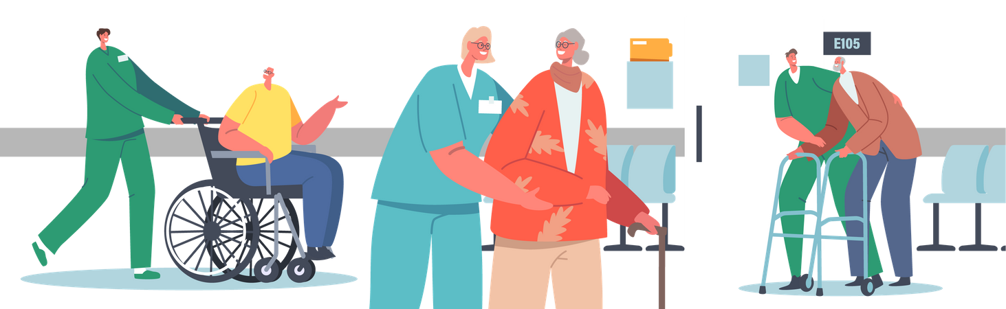 Personal del hospital ayudando a pacientes mayores  Ilustración