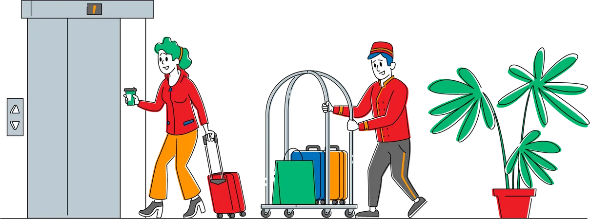 Personal del hotel ayudando a los huéspedes con sus equipajes.  Ilustración