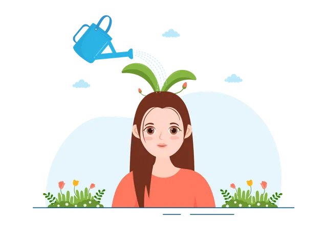 Personal Development With People Developing Mental Issues Growth And Self Improvement As Plant In Flat Cartoon Hand Drawn Templates Illustration イラスト