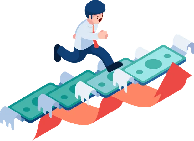 Flat 3 D Isometric Businessman Step Up On Flying Dollar Banknote Personal Investment And Money Saving Concept Illustration