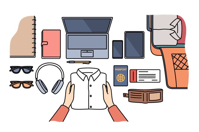 Personal items for business travel and suitcase for luggage laid out on table near passport  Illustration