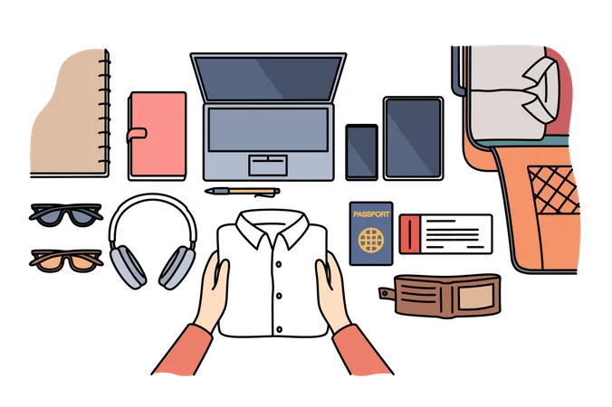Personal items for business travel and suitcase for luggage laid out on table near passport  Illustration
