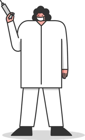 Personal Sanitario Profesional Hospitalario Epidemia De Coronavirus Mujer Enfermera Medica Con Bata Blanca Y Mascara Protectora Facial Sosteniendo Jeringa Con Vacuna Ilustracion De Vector Plano De Contorno Lineal De Dibujos Animados Ilustración