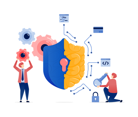 Personas que acceden a datos protegidos por escudo cerebral de IA  Ilustración