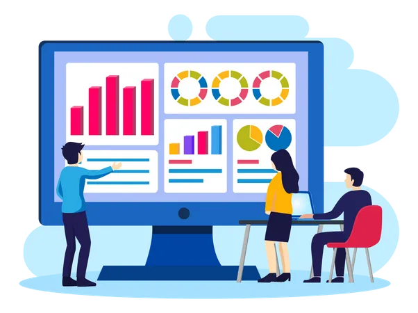 Personas analizando datos comerciales en la computadora  Ilustración