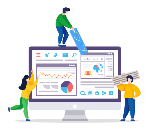 Personas que analizan la optimización de sitios web en PC  Ilustración