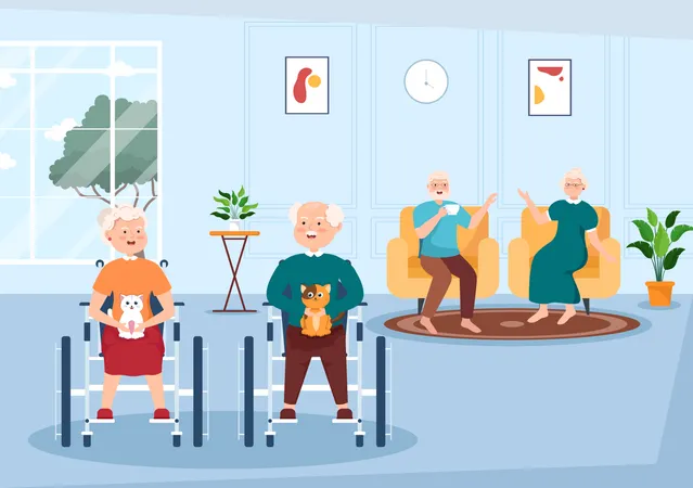 Personas mayores en silla de ruedas comunicándose  Ilustración