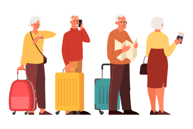 Ancianos esperando en cola en el aeropuerto  Ilustración
