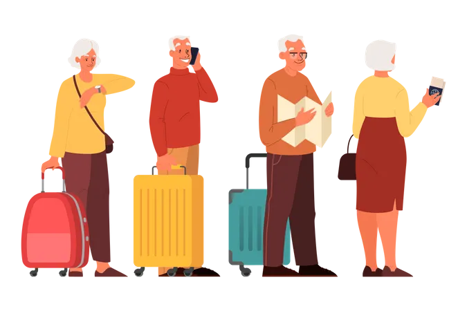 Ancianos En El Set Del Aeropuerto Idea De Viajes Y Turismo Personas Mayores Con Maleta Pasajero Con Equipaje Ilustracion De Vector Aislado En Estilo De Dibujos Animados Ilustración