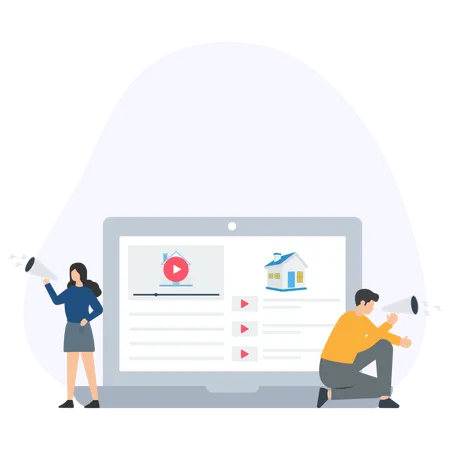 Personas anunciando viviendas en sitios web de propiedades  Illustration