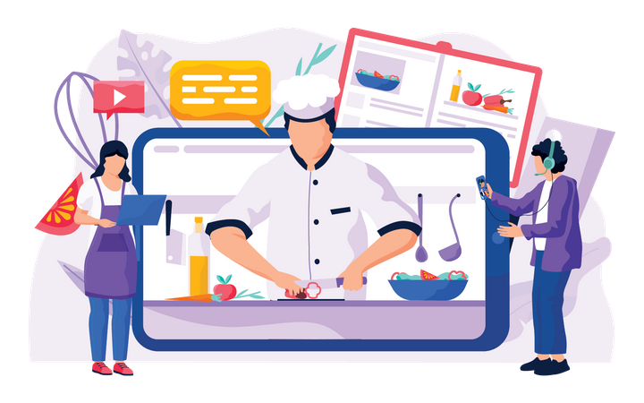 Personas aprendiendo cocina a través de clases en línea.  Ilustración