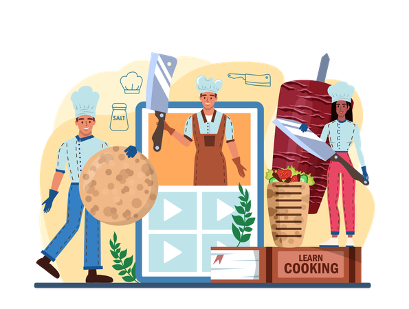 Personas aprendiendo a cocinar desde el sitio web.  Ilustración