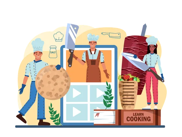 Personas aprendiendo a cocinar desde el sitio web.  Ilustración