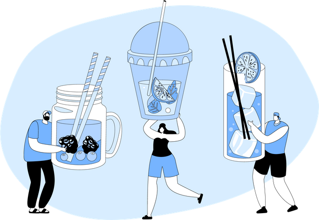 Personas bebiendo bebidas frías durante el verano.  Ilustración