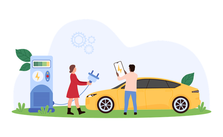 Personas cargando un coche eléctrico en una estación de carga  Ilustración