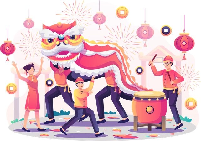 Gente celebrando el año nuevo chino  Ilustración
