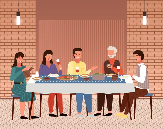 Personas cenando juntas  Ilustración