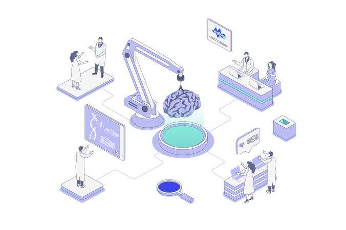 Científicos que realizan investigaciones científicas sobre el cerebro humano.  Ilustración