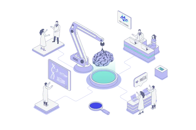 Científicos que realizan investigaciones científicas sobre el cerebro humano.  Ilustración